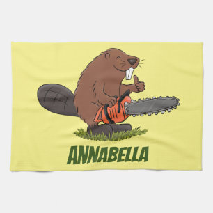 Funny beaver with chainsaw cartoon humour tea towel