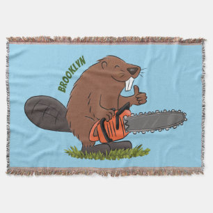 Funny beaver with chainsaw cartoon humour throw blanket
