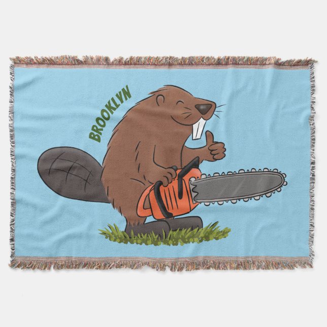 Funny beaver with chainsaw cartoon humour throw blanket (Front)