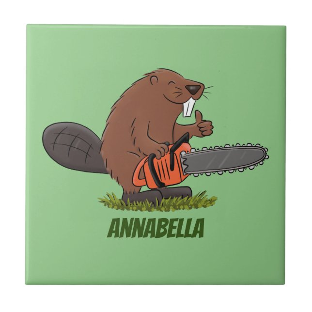Funny beaver with chainsaw cartoon humour tile (Front)