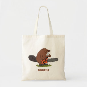 Funny beaver with chainsaw cartoon humour tote bag