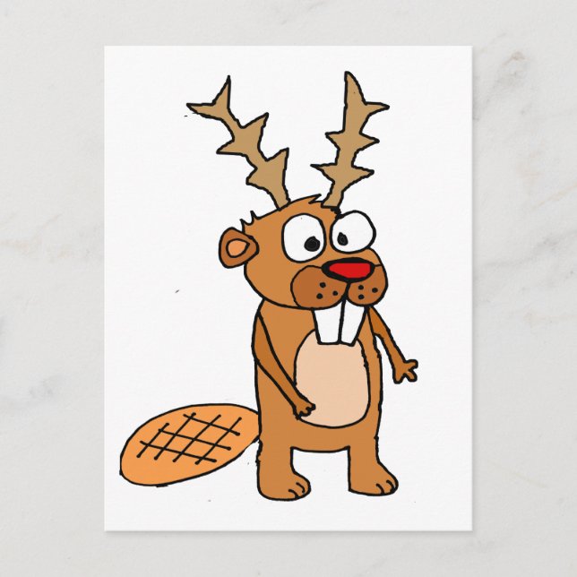 Funny Beaver with Reindeer Antlers Christmas Art Holiday Postcard (Front)
