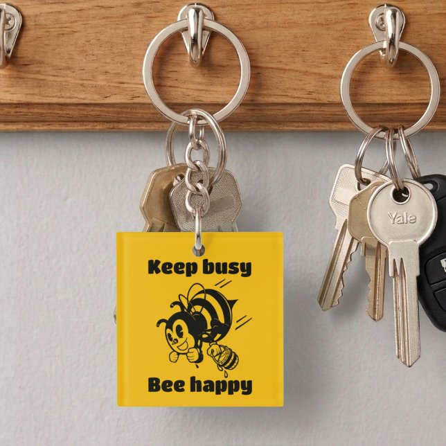 Funny Bee Keep Busy Bee Happy Motivational Cartoon Key Ring (Creator Uploaded)