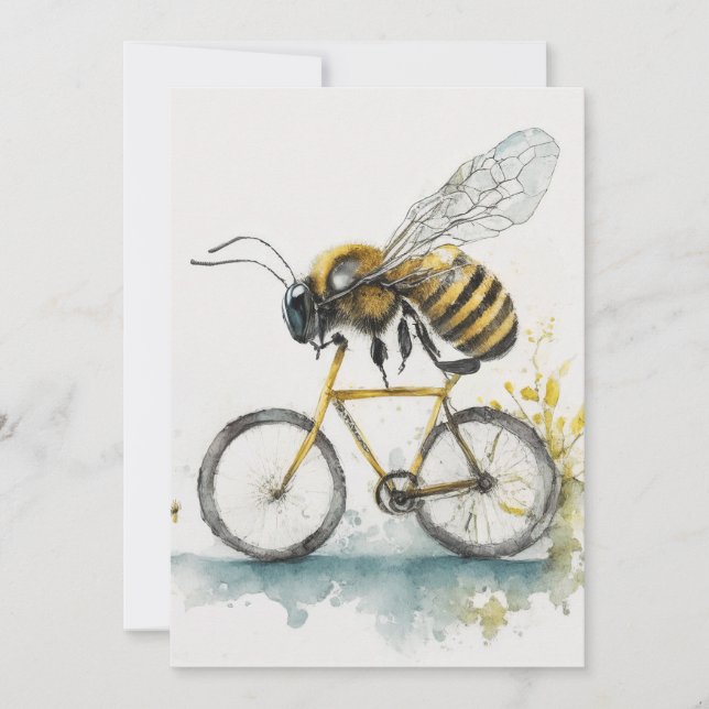 Funny bee riding a bicycle watercolor drawing, bee announcement (Front)