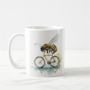 Funny bee riding a bicycle watercolor drawing, bee coffee mug