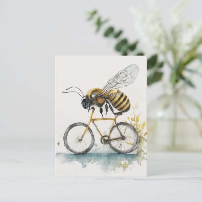 Funny bee riding a bicycle watercolor drawing, bee postcard (Standing Front)