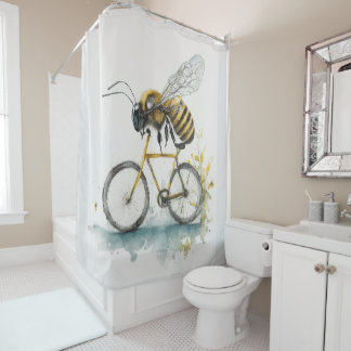 Funny bee riding a bicycle watercolor drawing, bee shower curtain