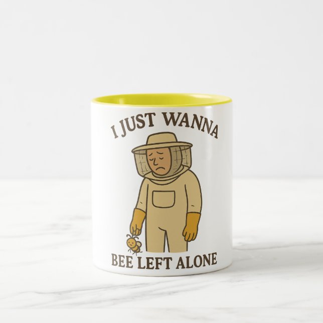 Funny Beekeeper–“I Just Wanna Bee Left Alone” Pun  Two-Tone Coffee Mug (Center)