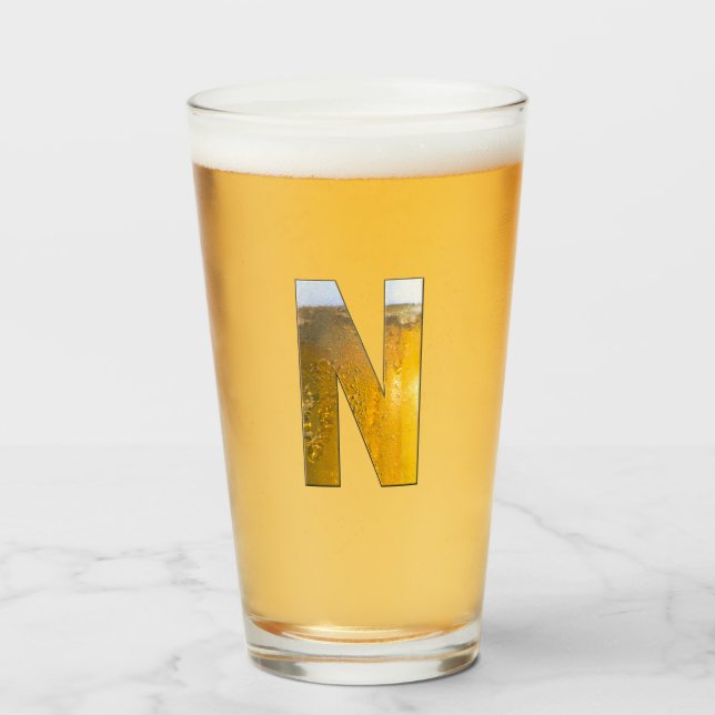 Funny Beer Head Monogram Initial Letter N Glass (Front Filled)