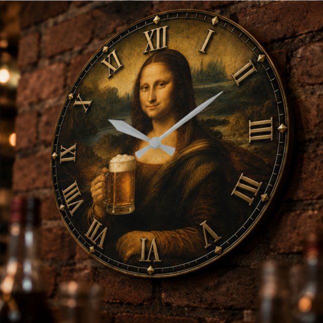 Funny Beer Mona Lisa Cheers Renaissance Art Large Clock (Creator Uploaded)