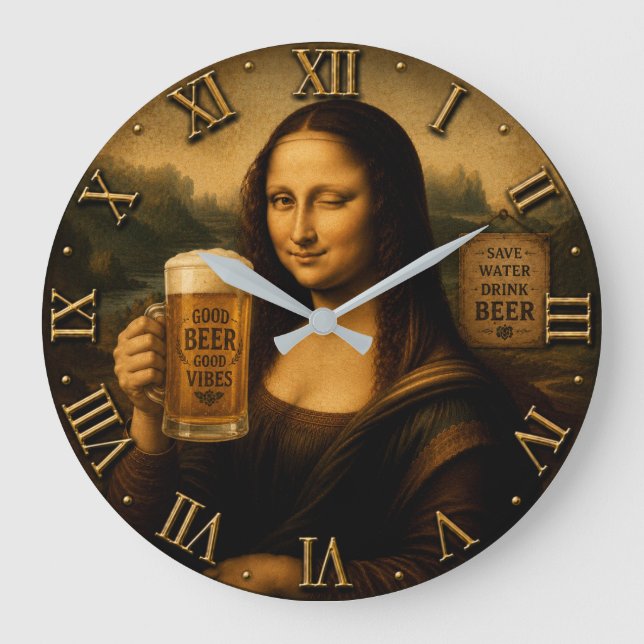 Funny Beer Mona Lisa  Large Clock (Front)