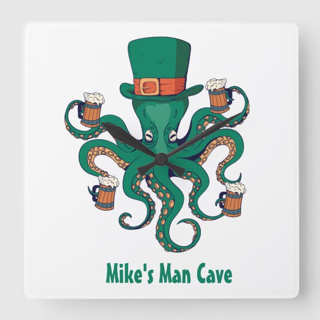 Funny Beer Octopus Your First Name Man Cave Square Wall Clock (Front)
