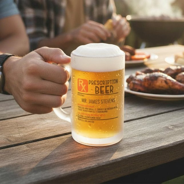 Funny Beer Prescription Personalised Name Frosted Glass Beer Mug (Creator Uploaded)