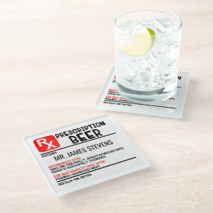 Funny Beer Prescription Personalised Name Glass Coaster