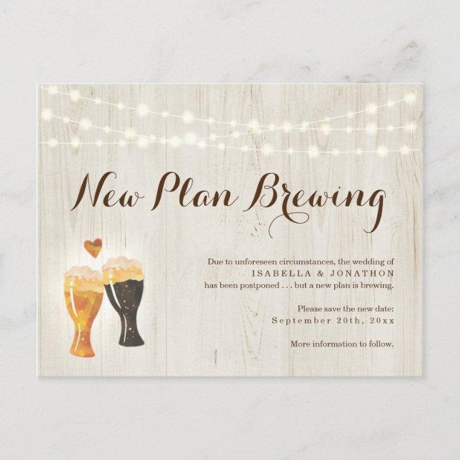 Funny Beer Wedding Postponed Announcement Postcard (Front)