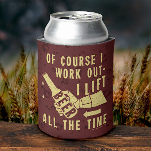 Funny Beer Work Out Humour with Brown Stout Can Cooler