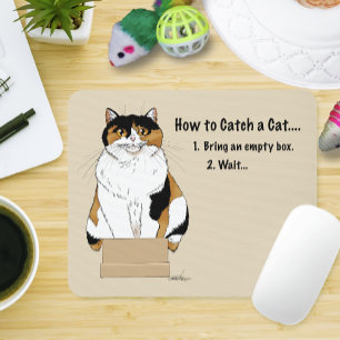 Funny Beige Calico Cat Box Humour Caught Mouse Pad