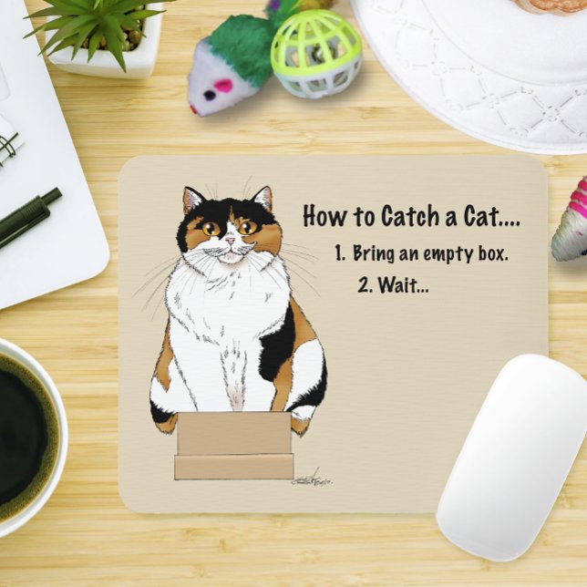 Funny Beige Calico Cat Box Humour Caught Mouse Pad (Creator Uploaded)