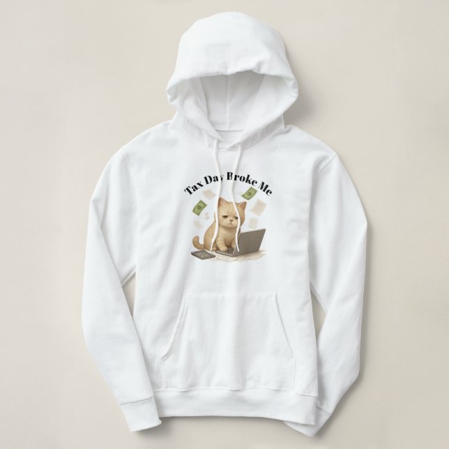 Funny Beige Minimal Stressed Cat Tax Day Hoodie (Design Front)