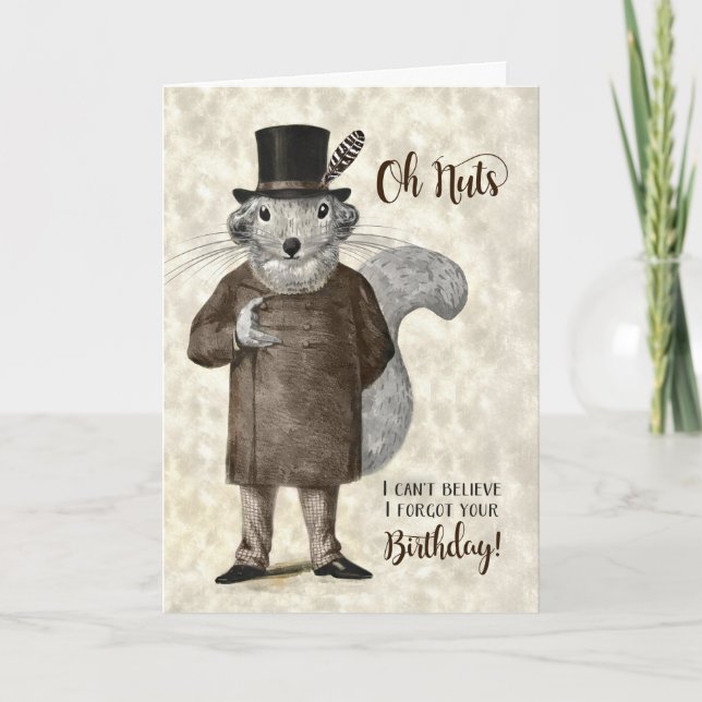 Funny Belated Birthday Squirrel in a Suit and Hat Card (Front)