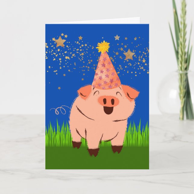 Funny Belated Birthday with Pig in Birthday Hat Card (Front)