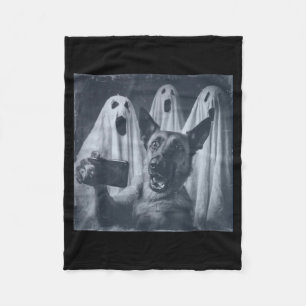 Funny Belgian Malinois Selfie Halloween Ghost Retr Fleece Blanket