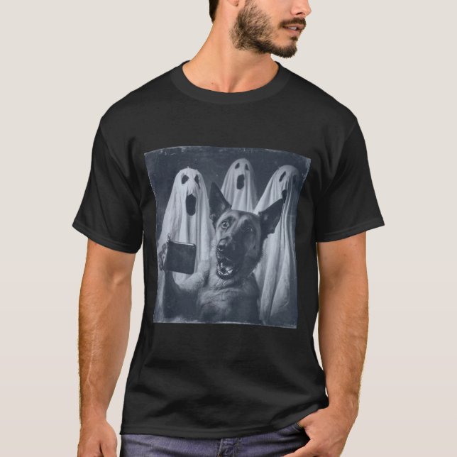 Funny Belgian Malinois Selfie Halloween Ghost Retr T-Shirt (Front)