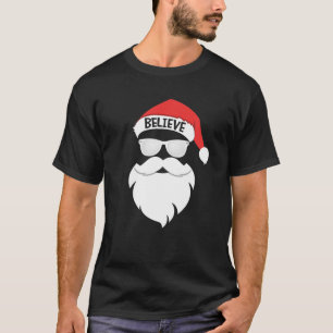 Funny Believe Santa Hat White Moustache Kids Famil T-Shirt