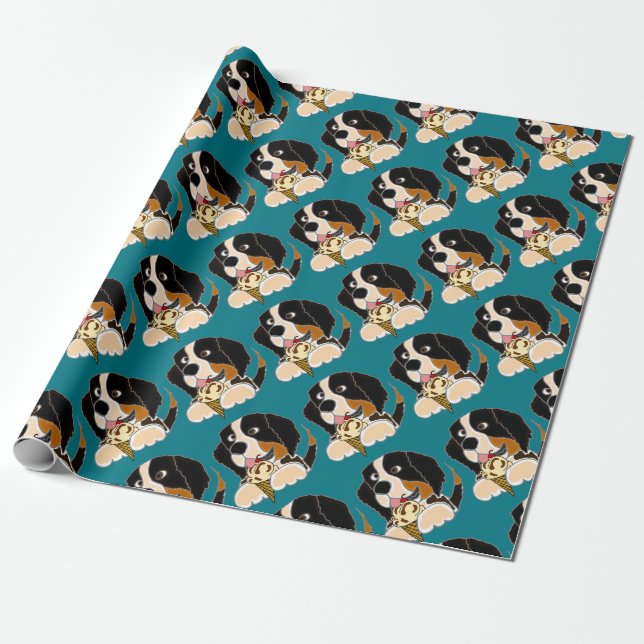 Funny Bernese Mountain Dog eating Ice Cream Cone Wrapping Paper (Unrolled)