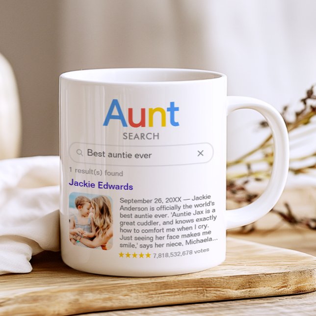 Funny Best Aunt Ever Search Result With Photo Coffee Mug (Customize the mug with your own search term, your aunt's name, a photo and your personal message)