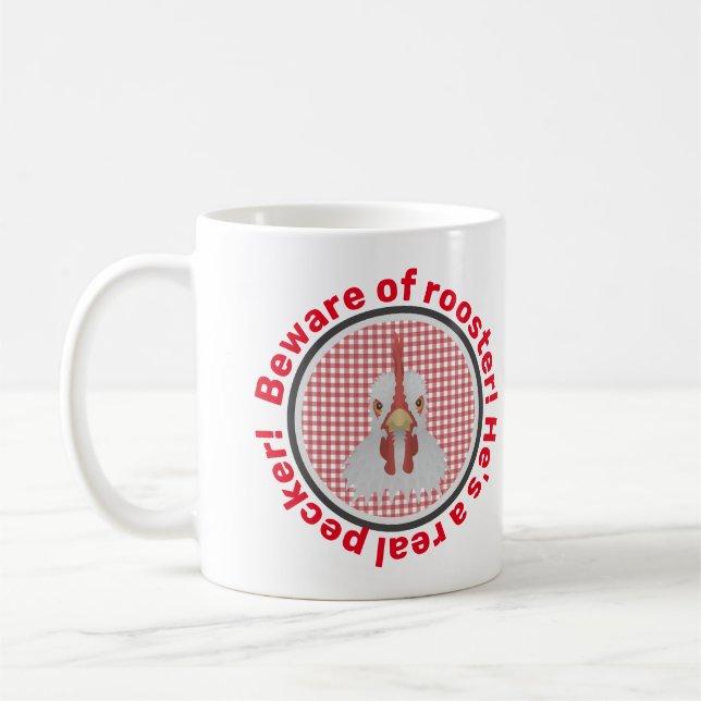 Funny Beware Of Rooster Real Pecker Gingham Coffee Mug (Left)