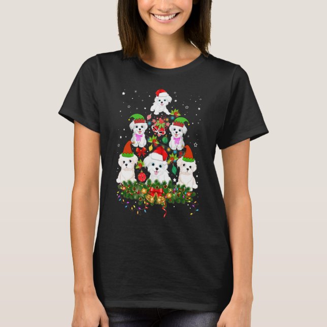 Funny Bichon Frise Christmas Tree Colour Led Light T-Shirt (Front)