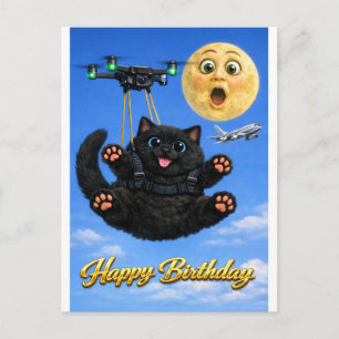 Funny Big Black Cat Drone Flight Happy Birthday Postcard