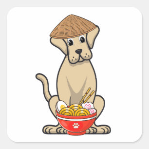 Funny big dog is eating noodles square sticker