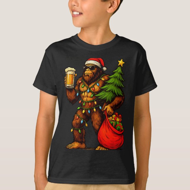 Funny Big Foot Santa Hat Drink Christmas Tree Xmas T-Shirt (Front)