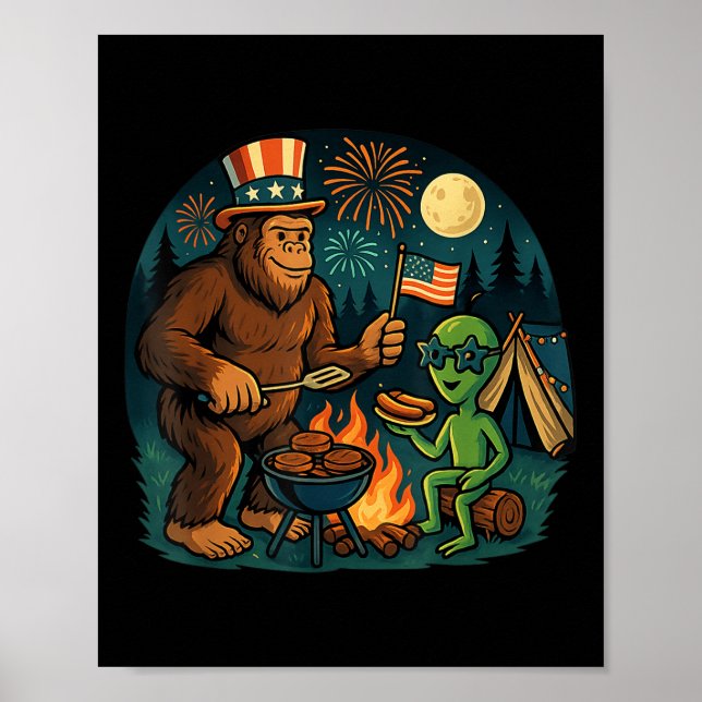 Funny Bigfoot Alien Bbq Campfire 4th Of July Ameri Poster (Front)