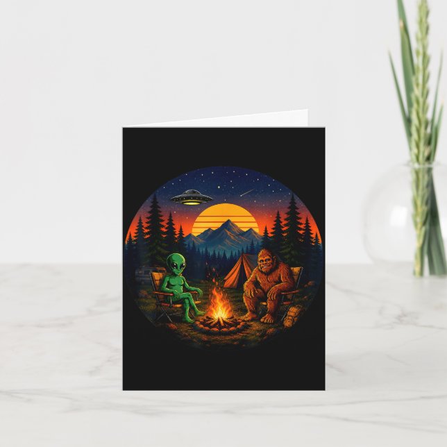 Funny bigfoot alien camping retro ufo campfire card (Front)