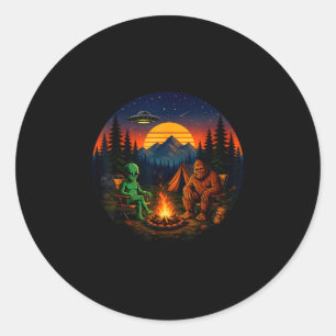 Funny bigfoot alien camping retro ufo campfire classic round sticker
