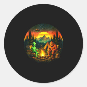 Funny bigfoot alien camping retro ufo campfire  classic round sticker