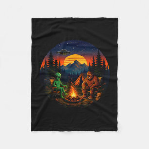 Funny bigfoot alien camping retro ufo campfire fleece blanket