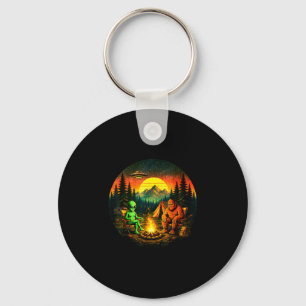 Funny bigfoot alien camping retro ufo campfire key ring