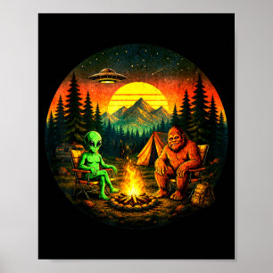 Funny bigfoot alien camping retro ufo campfire  poster
