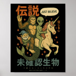 Funny Bigfoot Alien Unicorn Japanese Art Mythical  Poster