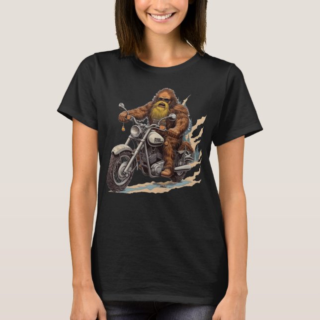 Funny Bigfoot Biker Sasquatch Riding a Motorcycle T-Shirt (Front)