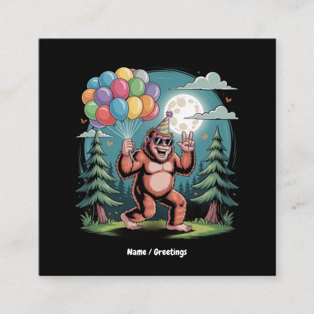 Funny Bigfoot Birthday Party Bash Balloons Square Business Card (Front)