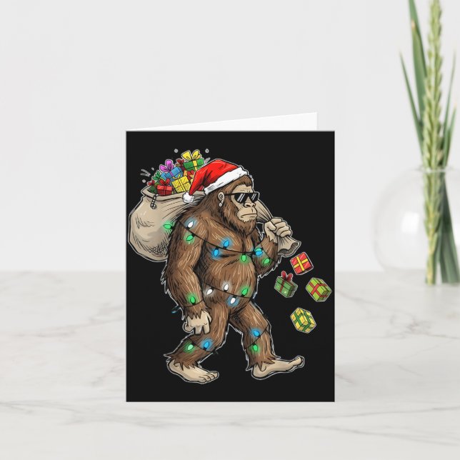 Funny Bigfoot Christmas Tree Lights Xmas Boys Mens Card (Front)