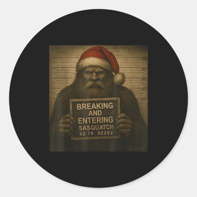Funny Bigfoot Christmas – Xmas Sasquatch Mugshot  Classic Round Sticker (Front)