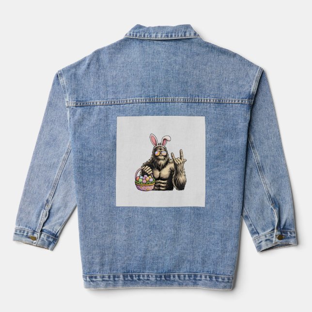 Funny Bigfoot Easter Egg Rock Sasquatch Easter Day Denim Jacket (Back)