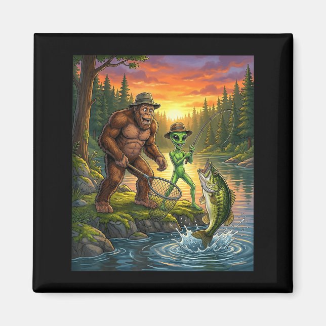 Funny Bigfoot Fishing Mens Alien Sasquatch Fishing Magnet (Front)