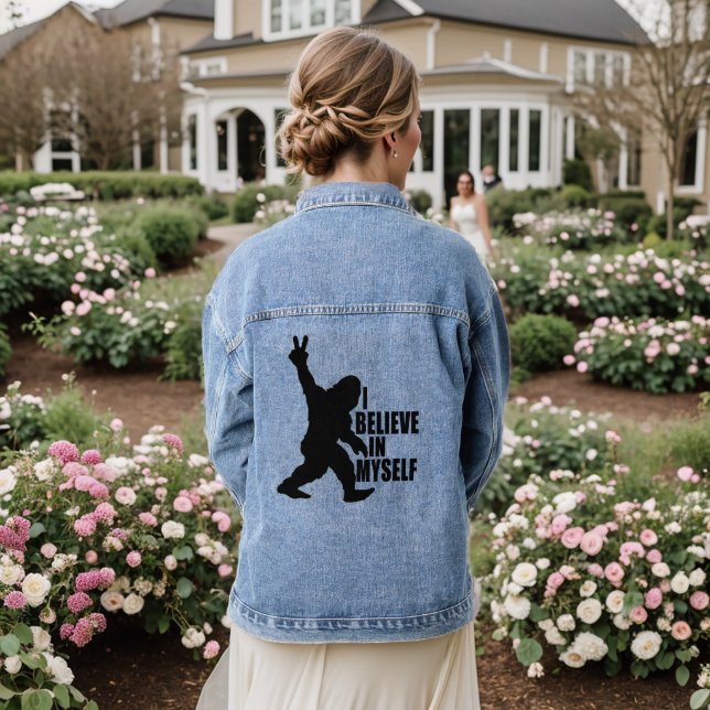 Funny Bigfoot-I Believe in Myself   Denim Jacket (Wedding Back)